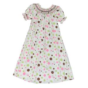 Le Za Me Girls Hand Smocked Bishop Dress Polka Dot Pink Green Brown Size 5